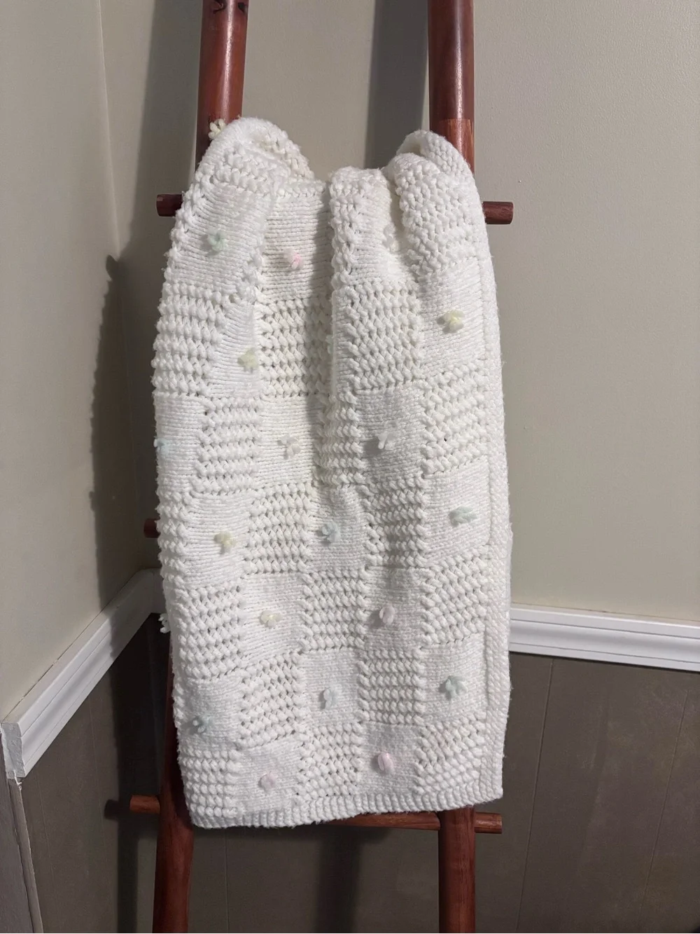 Handmade White Crochet Baby Blanket with Pastel Bobbles